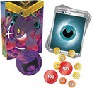 Pokémon trading card game items including a card with a purple creature illustration, energy cards, and round tokens.