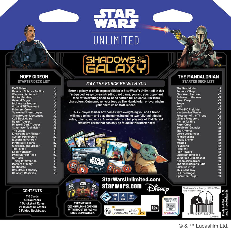 Back packaging for the Star Wars Unlimited card game Two-Player Starter Set, featuring characters and artwork from the Star Wars franchise.