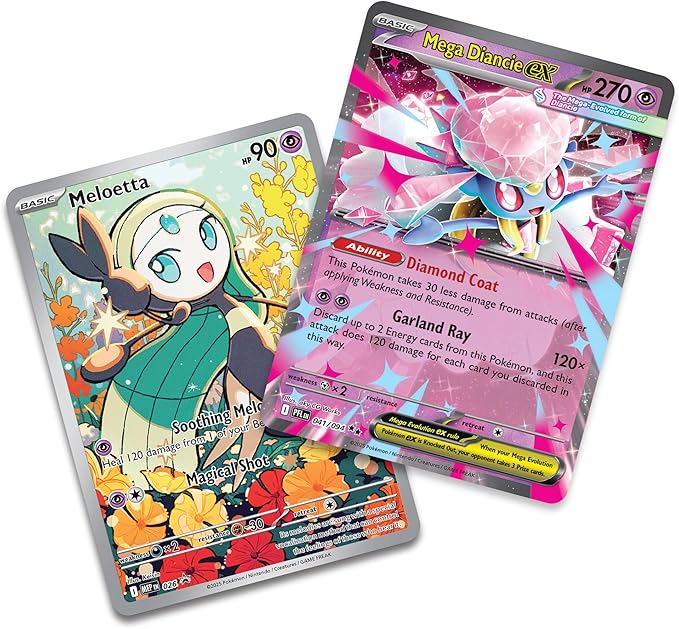 Two Pokémon trading cards, Meloetta and Mega Diancie EX, on a white background.