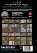 Back cover of a book featuring Loke Battle Mats with various map designs and text.
