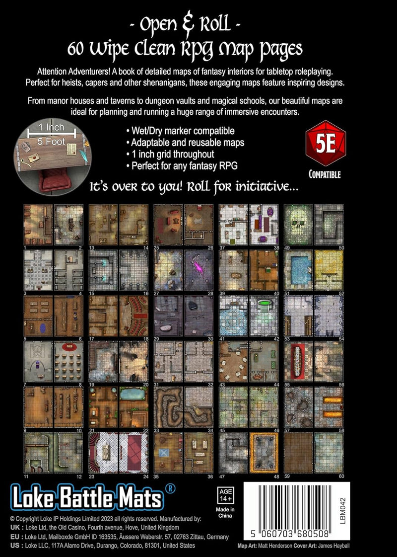 Back cover of a book featuring Loke Battle Mats with various map designs and text.