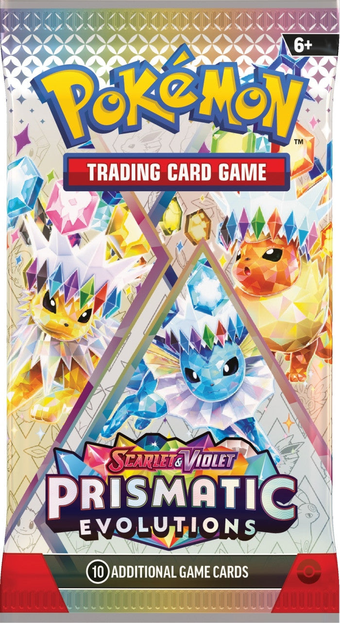 Pokemon Prismatic Evolutions booster pack packaging featuring Jolteon, Vaporeon and Eevee