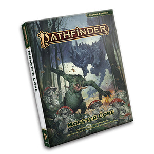 Pathfinder Monster Core book cover with a dragon and creatures in a forest setting on a white background