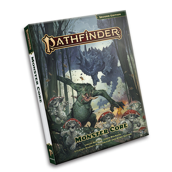 Pathfinder Monster Core book cover with a dragon and creatures in a forest setting on a white background