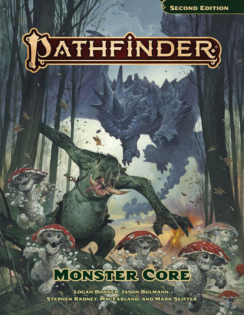 Pathfinder Monster Core book cover with a dragon and gnomes in a forest setting