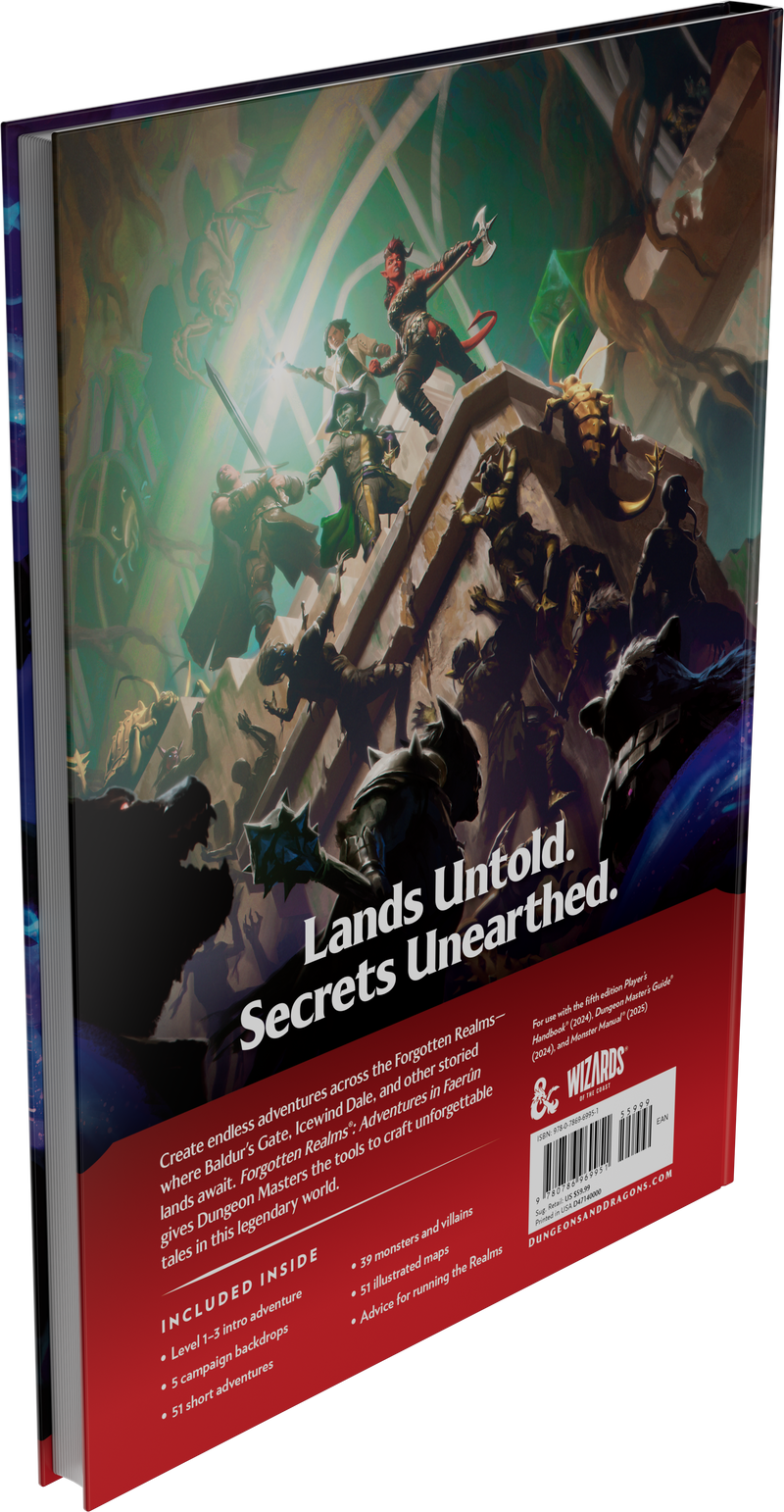 Book cover with fantasy artwork and text 'Lands Untold, Secrets Unearthed' on a red and blue background.