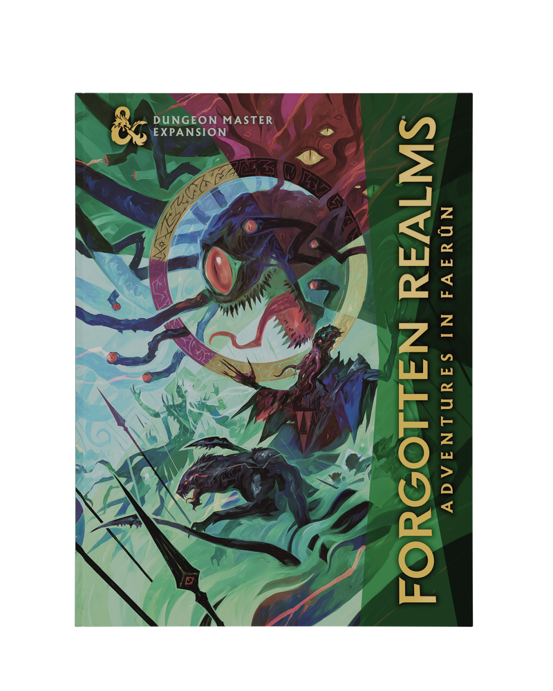 Book cover of 'Forgotten Realms: Adventures in Faerun' with fantasy creatures and text.