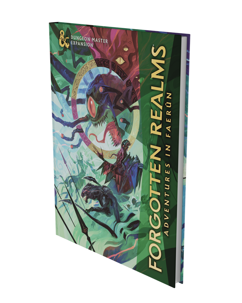 Dungeon Master's Guide with colorful cover featuring dragons and fantasy elements on a white background