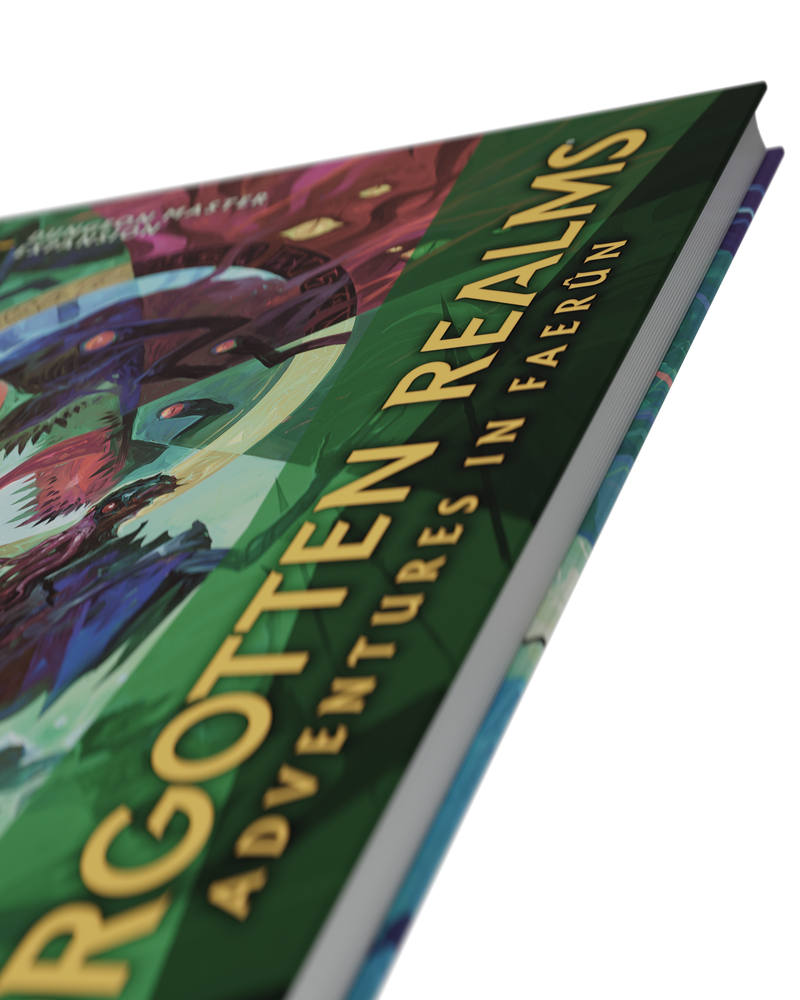 Book titled 'Forgotten Realms: Adventures in Faerun' with colorful cover design on a white background