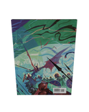 Colorful book cover with fantasy design featuring dragons and warriors on a white background