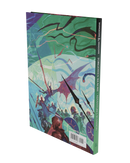 Fantasy-themed book cover with dragons and a character on a white background