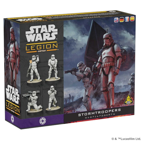 Star Wars Legion Stormtroopers toy box with stormtrooper figures on a dark background