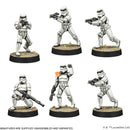 Six stormtrooper miniatures on black bases with a white background
