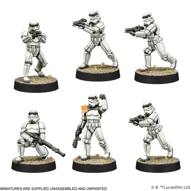 Six stormtrooper miniatures on black bases with a white background