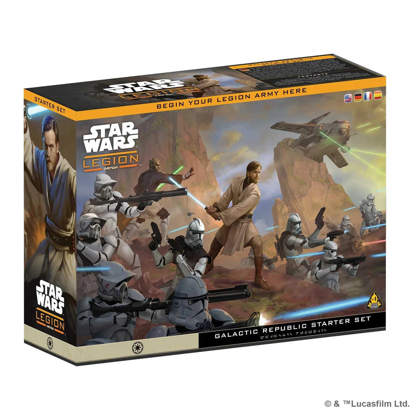 Star Wars Legion Galactic Republic Starter Set packaging with characters and vehicles on a desert landscape.