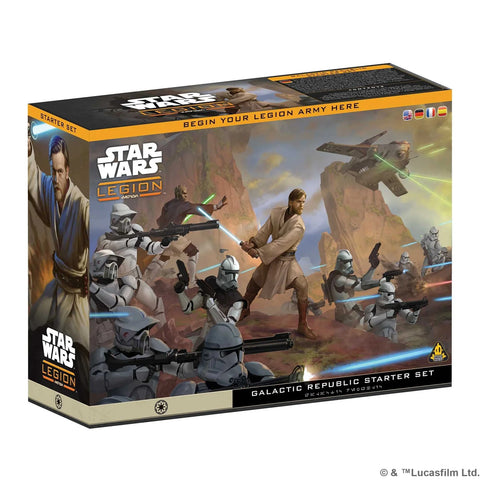 Star Wars Legion Galactic Republic Starter Set packaging with characters and vehicles on a desert landscape.