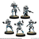 Five miniature figures of Clone Troopers from Star Wars on a white background