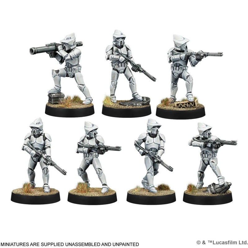 Clone Trooper miniatures, painted and assembled on a white background.