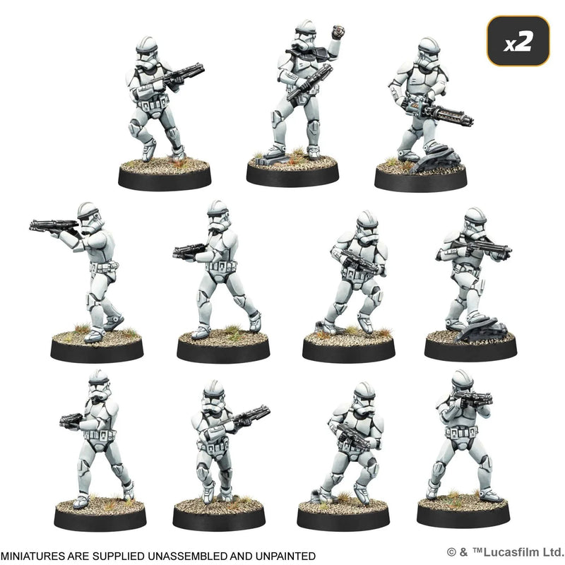 Clone Trooper miniatures, painted and assembled on a white background.