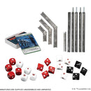 Collection of dice, miniatures, and tools on a white background