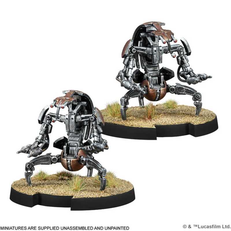 Droideka miniatures, painted and assembled on a white background.