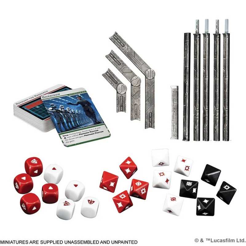 Collection of dice, miniatures, and tools on a white background