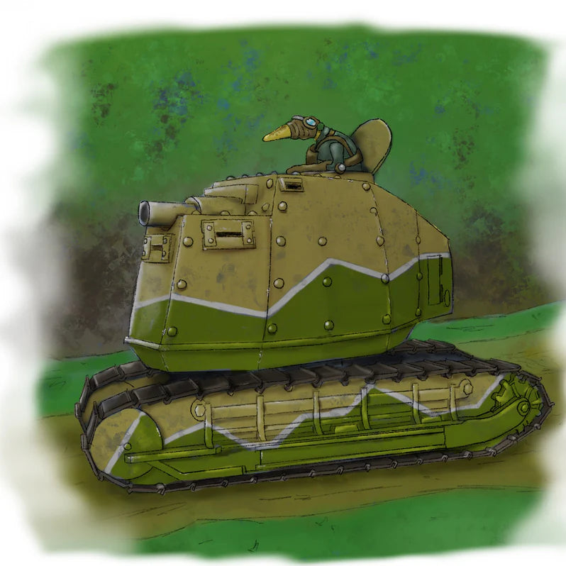 Illustration of a green tank with a character on top against a green background