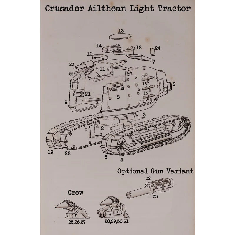 Technical drawing of a Crusader Ailthean Light Tractor with labeled parts on a beige background.