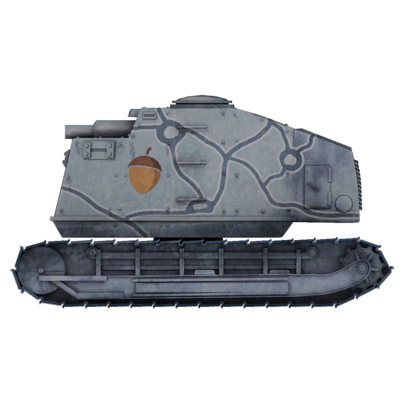 Toy tank model with acorn design on a white background