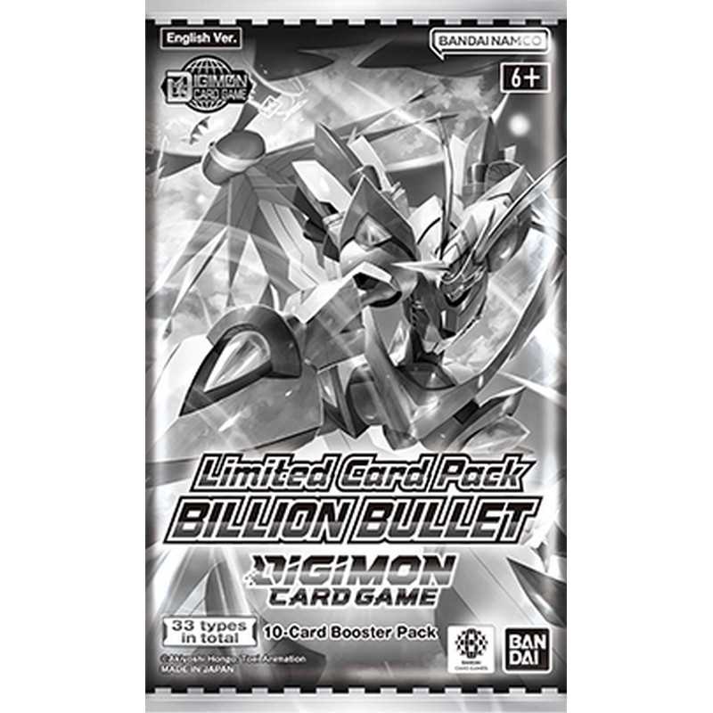 Digimon card game booster pack with 'Billion Bullet' design on a white background