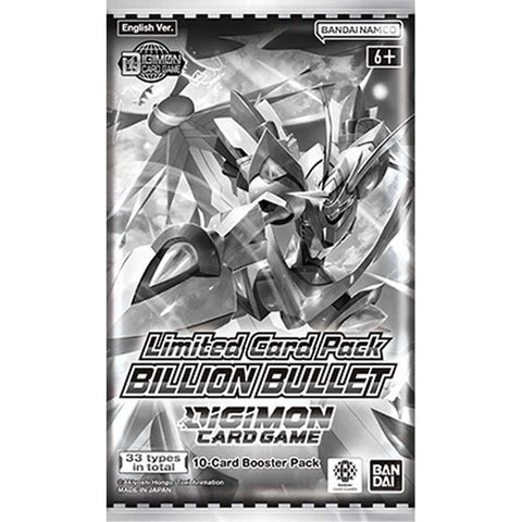 Digimon card game booster pack with 'Billion Bullet' design on a white background