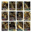 Collection of gold and black themed trading cards on a white background
