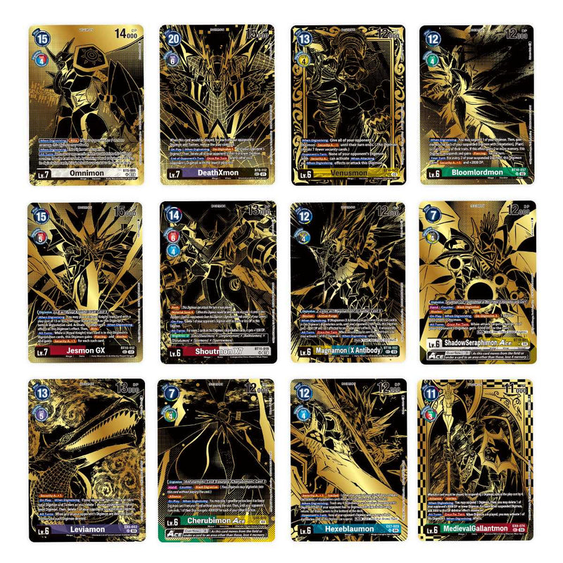 Collection of gold and black themed trading cards on a white background