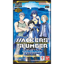 Packaging of Hackers' Slumber Digimon Card Game with character illustrations on a blue background