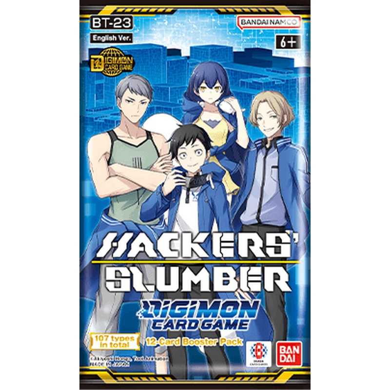 Packaging of Hackers' Slumber Digimon Card Game with character illustrations on a blue background