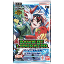 Digimon card game booster pack with characters and branding on a white background
