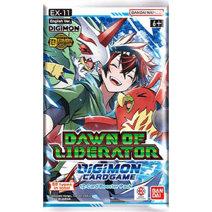 Digimon card game booster pack with characters and branding on a white background