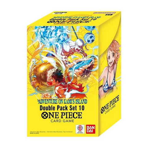 One Piece card game double pack set 10 packaging with colorful graphics on a yellow background