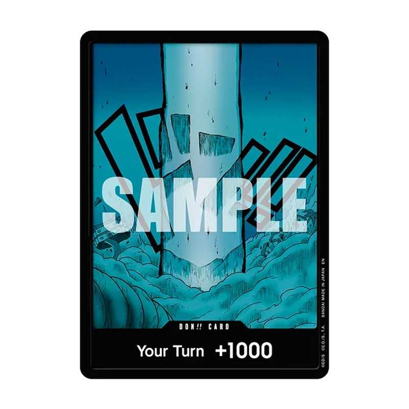 Card with a blue design and text on a white background
