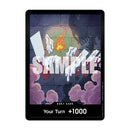 Card with a dark brick wall design, knife, fire, and ghost illustration on a white background.
