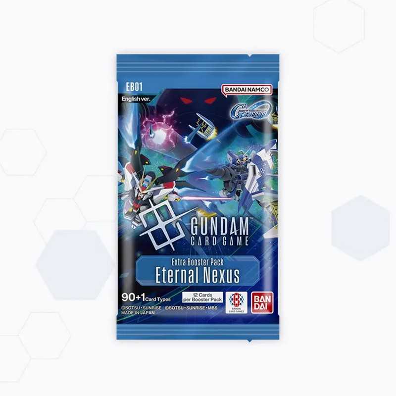 Gundam card game booster pack with Bandai Namco branding on a white background