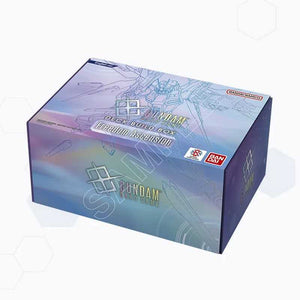 Bandai Namco Gundam Deck Build Box Freedom Invasion collectible card box, featuring a blue and purple holographic design with Gundam line art.