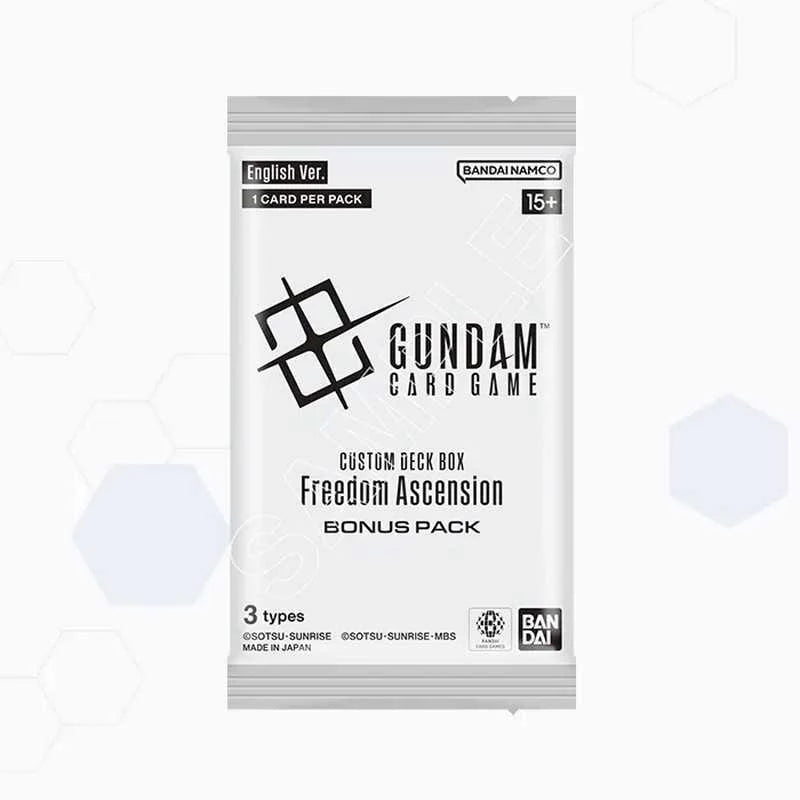 A single pack of Gundam Card Game custom deck box bonus packs, labeled 'Freedom Ascension' and 'English Ver.', shown against a light gray background with faint geometric patterns.