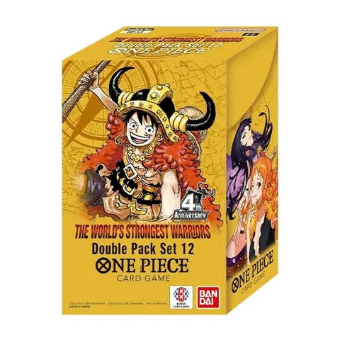 One Piece: The World's Strongest Warriors Double Pack Set 12 box set by Bandai, featuring colorful anime character artwork on a yellow-orange background.