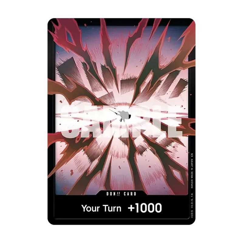 A DON!! CARD game card with a black border and anime-style artwork showing a pink, red, and dark burst pattern. The card includes the text 'Your Turn +1000' at the bottom and a translucent 'SAMPLE' watermark across the center.