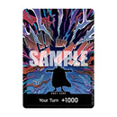 A collectible DON!! CARD game card featuring a colorful abstract background with a black silhouette of a cloaked figure. The card has a large translucent 'SAMPLE' watermark across the center and text at the bottom reading 'Your Turn +1000'.