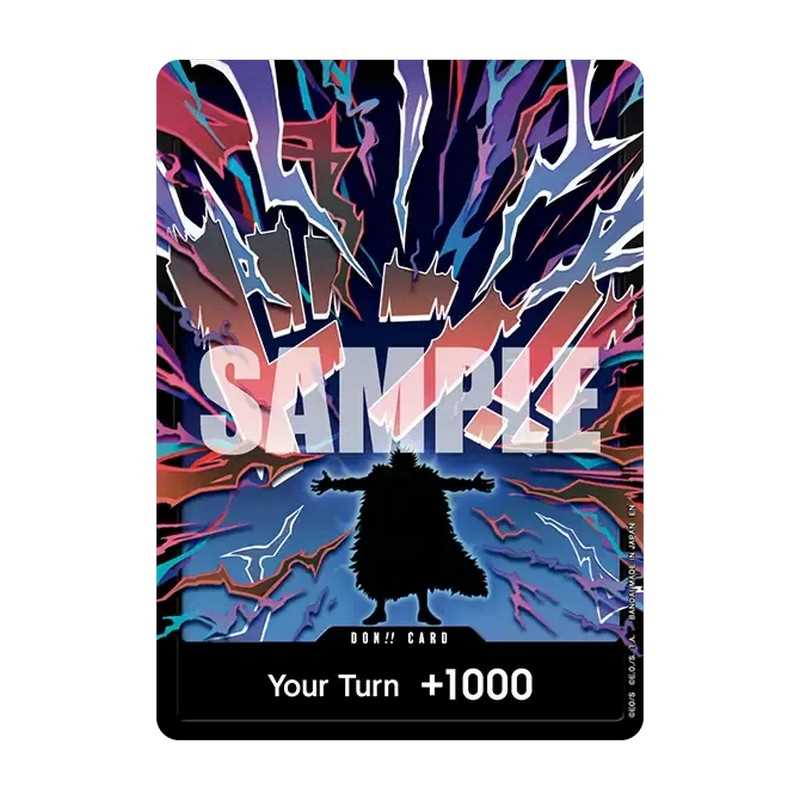 A collectible DON!! CARD game card featuring a colorful abstract background with a black silhouette of a cloaked figure. The card has a large translucent 'SAMPLE' watermark across the center and text at the bottom reading 'Your Turn +1000'.