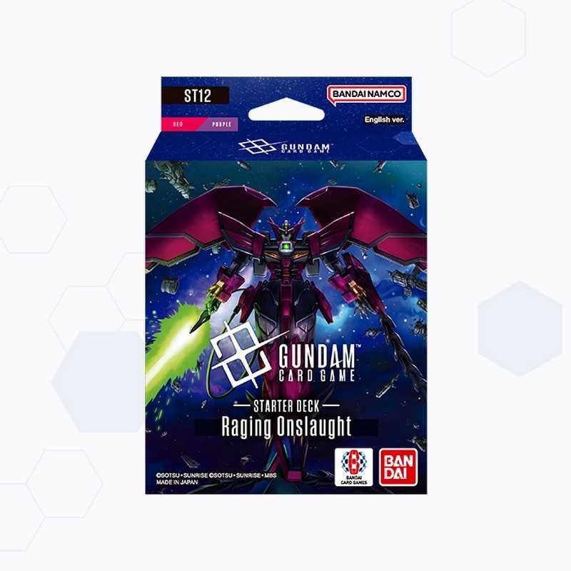 Gundam Card Game Raging Onslaught ST12 Starter Deck packaging featuring Gundam artwork.