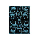 Set of plastic model parts on a black tray with a white background