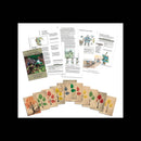 Educational materials with leaf cards and printed pages on a white background